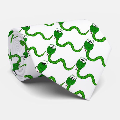 Funny green snake reptile pattern on white tie