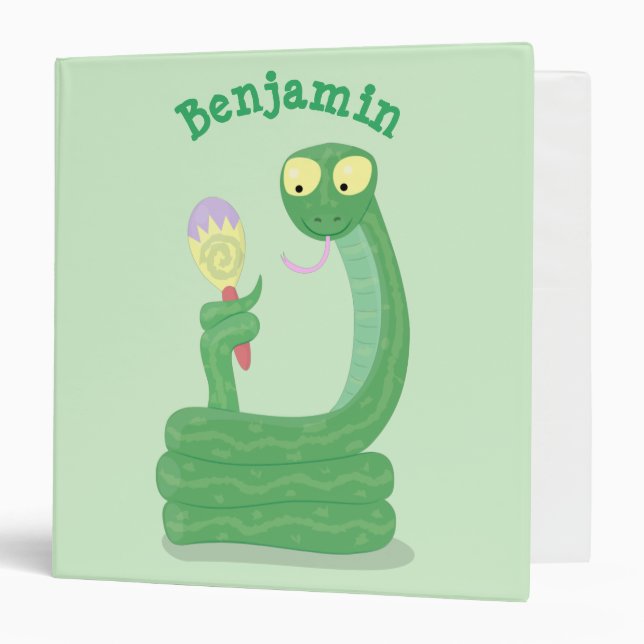 Funny green snake with maraca cartoon 3 ring binder (Front/Inside)