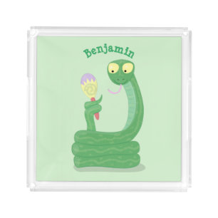 Funny green snake with maraca cartoon acrylic tray