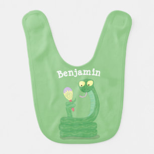 Funny green snake with maraca cartoon baby bib