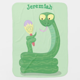 Funny green snake with maraca cartoon baby blanket