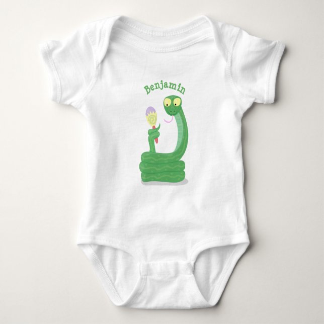 Funny green snake with maraca cartoon baby bodysuit (Front)