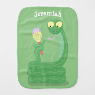 Funny green snake with maraca cartoon baby burp cloth