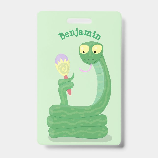Funny green snake with maraca cartoon badge (Front)