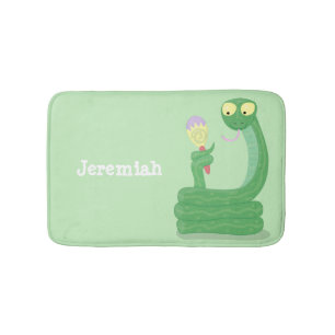 Funny green snake with maraca cartoon bath mat