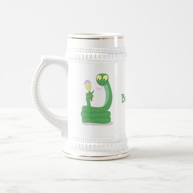 Funny green snake with maraca cartoon beer stein (Left)