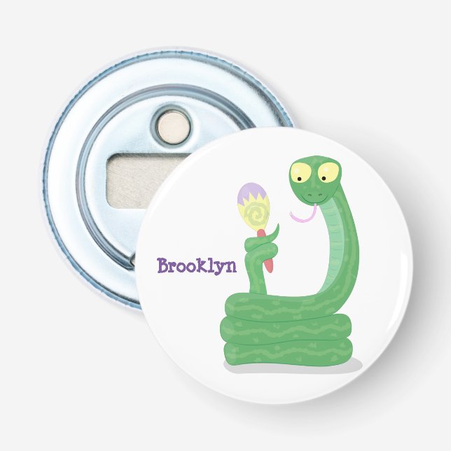 Funny green snake with maraca cartoon bottle opener (Front)