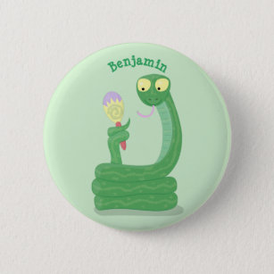 Funny green snake with maraca cartoon button