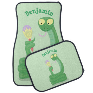 Funny green snake with maraca cartoon car floor mat