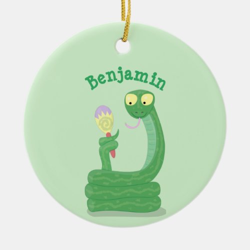 Funny green snake with maraca cartoon ceramic ornament