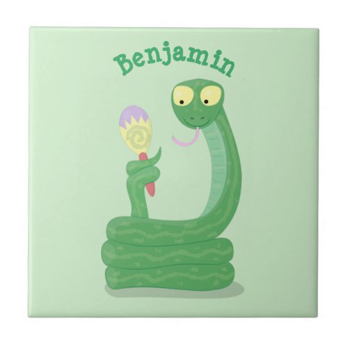 Funny green snake with maraca cartoon ceramic tile