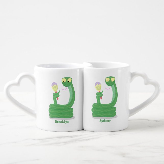 Funny green snake with maraca cartoon coffee mug set (Front Nesting)