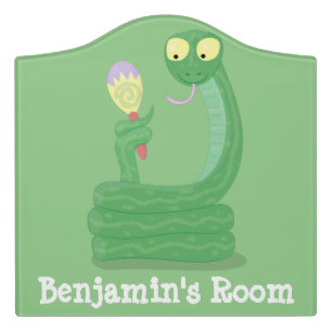 Funny green snake with maraca cartoon door sign