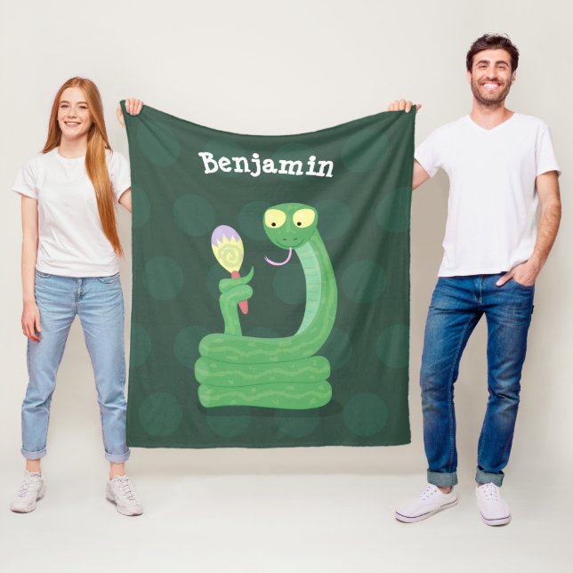 Funny green snake with maraca cartoon fleece blanket (In Situ)