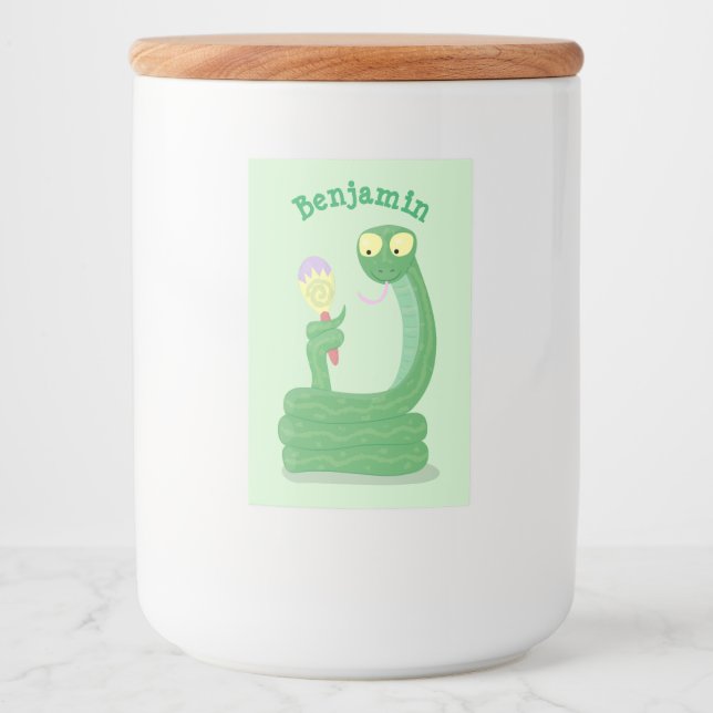 Funny green snake with maraca cartoon food label (Front)