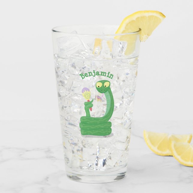Funny green snake with maraca cartoon glass (Back Ice)