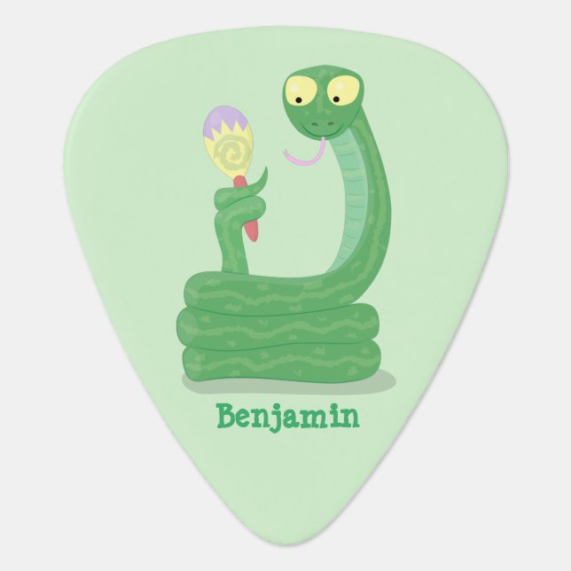 Funny green snake with maraca cartoon guitar pick (Front)
