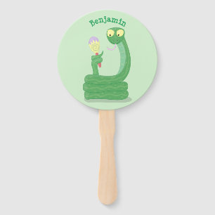 Funny green snake with maraca cartoon hand fan