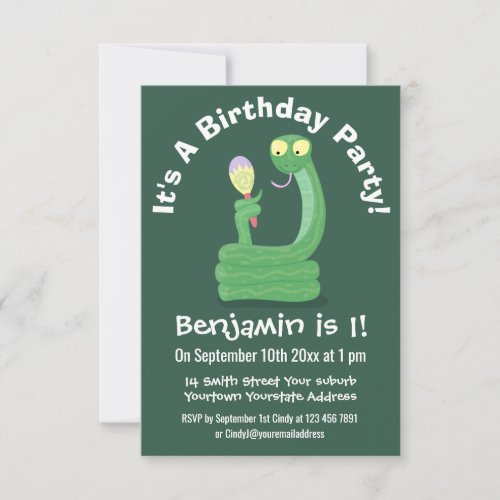 Funny green snake with maraca cartoon invitation