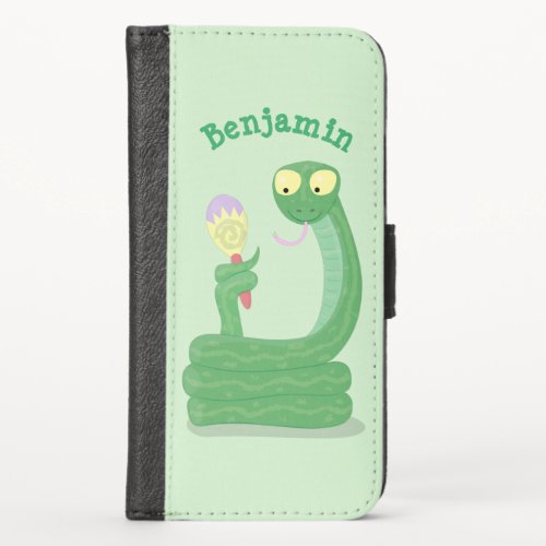 Funny green snake with maraca cartoon iPhone x wallet case