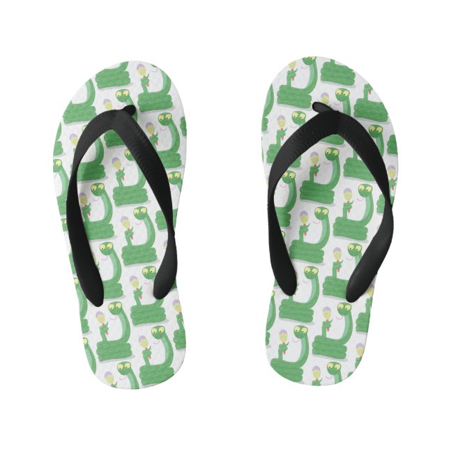 Funny green snake with maraca cartoon kid's flip flops (Footbed)