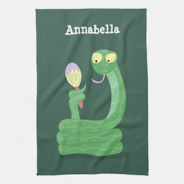 Funny green snake with maraca cartoon kitchen towel (Vertical)