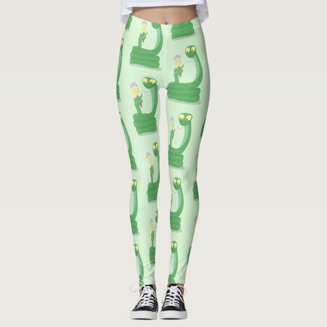 Funny green snake with maraca cartoon leggings (Front)