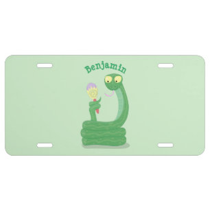 Funny green snake with maraca cartoon license plate