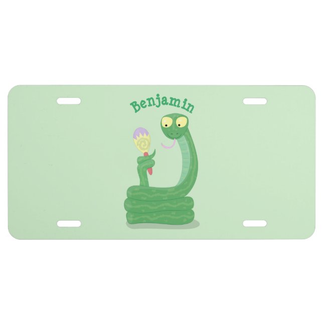 Funny green snake with maraca cartoon  license plate (Front)