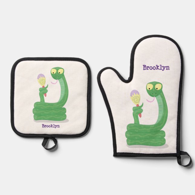 Funny green snake with maraca cartoon  oven mitt & pot holder set (Front)
