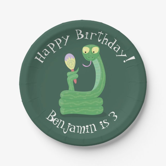 Funny green snake with maraca cartoon paper plates (Front)