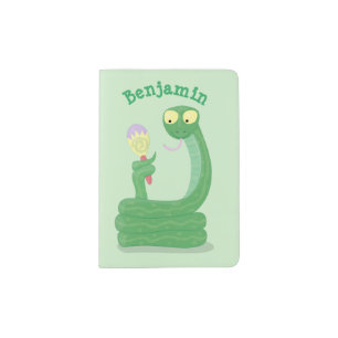 Funny green snake with maraca cartoon passport holder