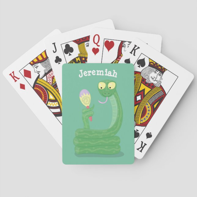 Funny green snake with maraca cartoon poker cards (Back)