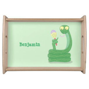 Funny green snake with maraca cartoon serving tray