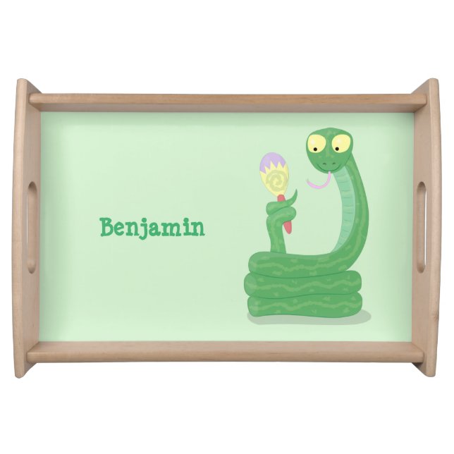 Funny green snake with maraca cartoon serving tray (Front)