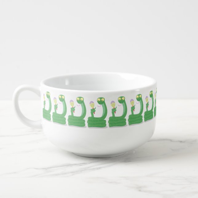 Funny green snake with maraca cartoon soup mug (Right)