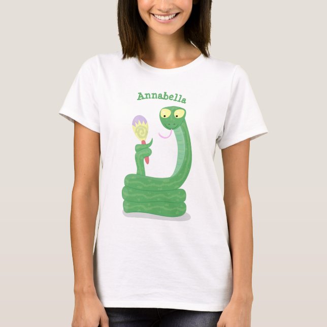 Funny green snake with maraca cartoon T-Shirt (Front)