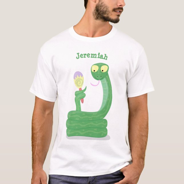Funny green snake with maraca cartoon T-Shirt (Front)