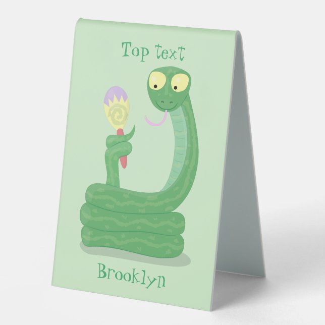 Funny green snake with maraca cartoon table tent (Front)