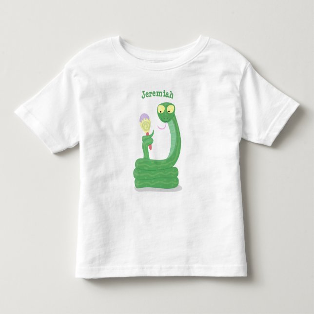 Funny green snake with maraca cartoon toddler t-shirt (Front)
