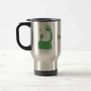 Funny green snake with maraca cartoon travel mug