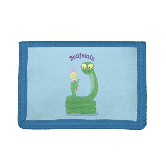 Funny green snake with maraca cartoon trifold wallet (Front)