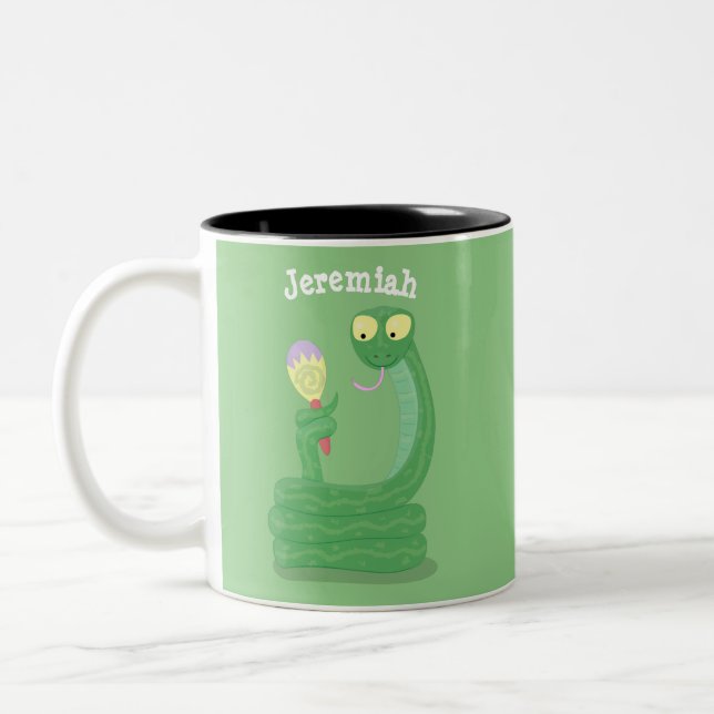 Funny green snake with maraca cartoon Two-Tone coffee mug (Left)