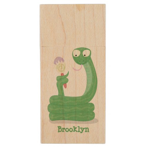 Funny green snake with maraca cartoon wood flash drive