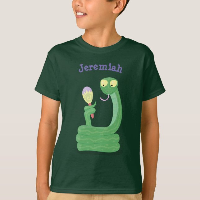 Funny green snake with maracca cartoon humor T-Shirt (Front)
