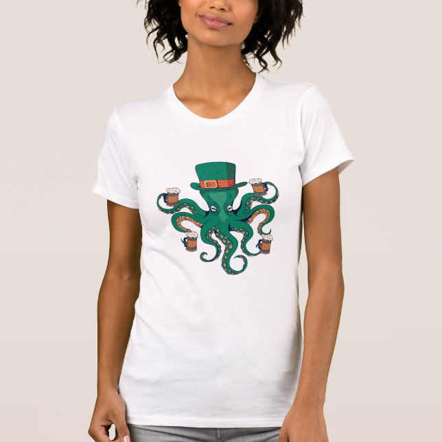 Funny Green St. Patricks Octopus Beer T-Shirt (Front)