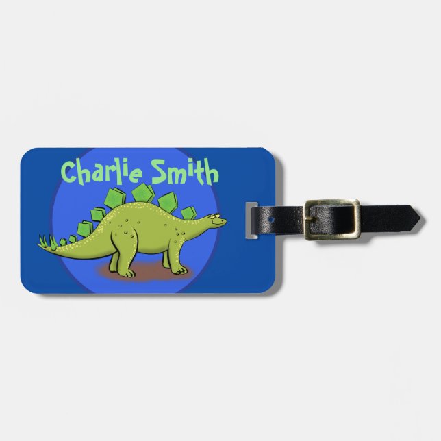 Funny green stegosaurus dinosaur cartoon bag tag (Front Horizontal)
