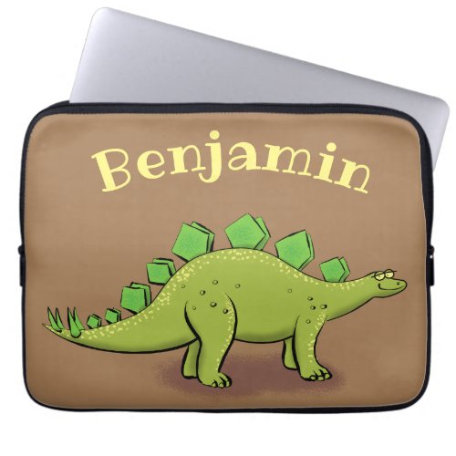 Funny green stegosaurus dinosaur cartoon laptop sleeve