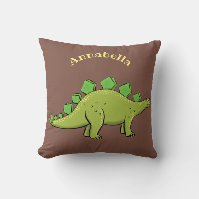 Funny green stegosaurus dinosaur cartoon throw pillow (Front)