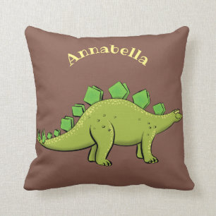 Funny green stegosaurus dinosaur cartoon throw pillow